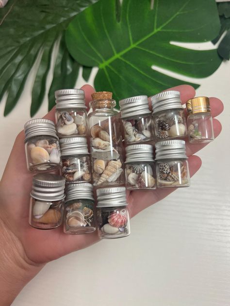 Cute mini glass jars filled with California seashells or Hawaiian seashells. Mini Jars Ideas, Seashell Diys, Seashells In Glass Containers, Jar Of Seashells, Shell Jars Seashells, Sand And Seashells In Jar, Jar With Sand And Shells, Beach Jar, Seashell Jars Collection Displays