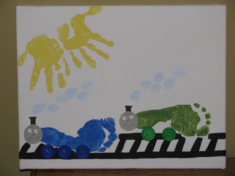 "Thomas" & "Percy" Foot Prints Train Handprint Craft, Train Art For Toddlers, Train Crafts For Toddlers, Infant Art, Print Crafts, Transportation Crafts, Footprint Crafts, Baby Art Projects, Teacher Craft