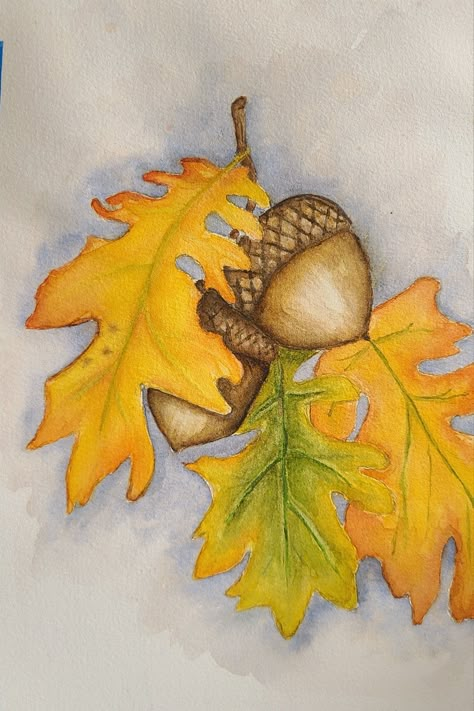 Thanksgiving Watercolor Ideas, Fall Color Pencil Drawings, Autumn Drawing Ideas Pencil, Fall Colored Pencil Drawings, Autumn Sketchbook Ideas, Fall Leaf Drawing, Autumn Color Pencil Drawing, Autumn Leaf Painting, Acorn Drawing