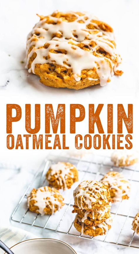 These chewy pumpkin oatmeal cookies are over the top delicious: they're vegan, full of pumpkin spices and drizzled with a simple powdered sugar icing. #pumpkin #pumpkincookies #vegancookies #cookies #vegan #icing #veganicing #cookiephotography #oats #oatmealcookie Pumpkin Cookies Vegan, Vegan Icing, Vegan Pumpkin Cookies, Cookies Oatmeal, Pumpkin Spices, Powdered Sugar Icing, Pumpkin Oatmeal Cookies, Oatmeal Cream Pies, Cookies Vegan