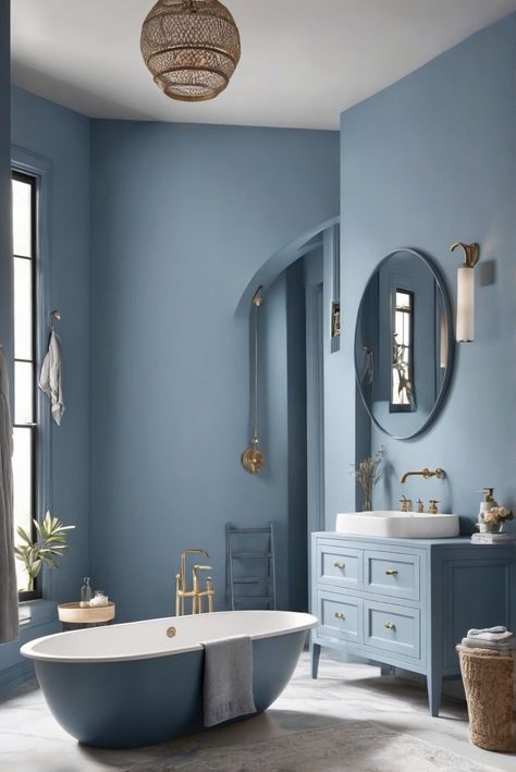 bathroom inspiration, blue-gray decor, interior design, home renovation Blue Bathroom Paint, Crystal Bathroom, Blue Painted Walls, Small Bathroom Colors, New House Bathroom, House Redesign, House Color Palettes, Bathroom Paint Colors, Grey Color Scheme