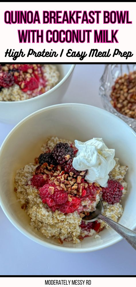 Tired of the same old bowl of oatmeal? Try this high protein creamy quinoa breakfast bowl made with coconut milk! It's vegan, gluten-free, and provides 21g protein per serving. Easy to meal prep with so much versatility and endless customizations to add variety as well. It's highly nutritious and packed with anti-inflammatory, immune boosting, and heart healthy ingredients. Breakfast never tasted so good! High Protein Quinoa Bowl, Microbiome Recipes, Creamy Quinoa, Exciting Recipes, Bowl Of Oatmeal, Quinoa Breakfast Bowl, High Protein Meal Prep, Quinoa Breakfast, Quinoa Healthy