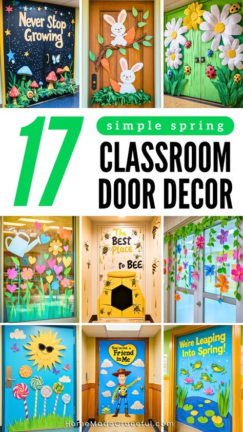 Get inspired with 17 cheerful and simple ideas for spring classroom door decor! From 3D blooming trees to adorable bunnies, vibrant rainbows, and buzzing bees, these designs are perfect for preschool, kindergarten, and toddlers. Whether you prefer colorful butterflies, sunflowers, or a candy-themed garden, these easy-to-create ideas are sure to make your classroom or animal-themed decor bloom with spring vibes. Add touches like yellow flowers, frogs, or Disney-inspired themes for extra charm. Animal Door Decorations Classroom, Garden Theme Classroom Decorations, Kindergarten Door Decorations, Spring Door Ideas, Spring Classroom Door Ideas, Garden Bulletin Boards, Kindergarten Door, Garden Theme Classroom, Spring Classroom Door