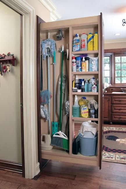 Sliding Home Organizers for Mops and Brooms, Space Saving Storage Solutions Narrow Closet Organization, Narrow Closet, Broom Storage, Cleaning Supply Storage, Transitional Decor Bathroom, Narrow Storage Cabinet, Home Organizers, Utility Closet, Transitional Decor Bedroom