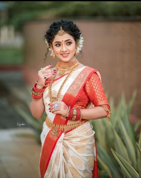 Telugu Bride White Red Saree, Bride Poses In Saree, Bride Stills Indian, South Indian Bride Poses, South Indian Bride Photoshoot, Bridal Photoshoot Poses Indian, Buddhist Bride, Buddhist Wedding Dress, Kerala Hindu Bride