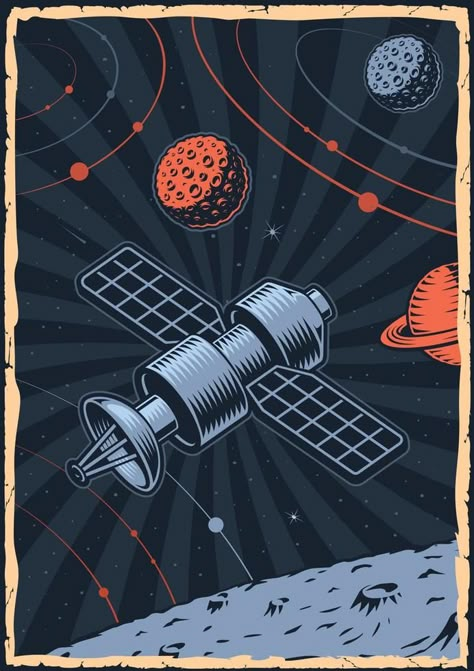 Colour space poster with illustration of a satellite in vintage style. Space Satellite Drawing, Satelite Illustrations, Space Satellite Illustration, Satelite Drawings, Space Exploration Poster, Graphic Style Art, Space Vector Illustration, Satellite Painting, Space Design Illustration