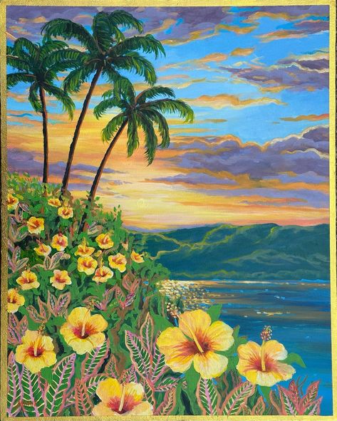 Hibiscus Sunset, with a gold edge! First time I’ve used acrylics in quite a while. It helped to have Hawaiian ukulele music playing! “Hibiscus Sunset” 16 x 20 original acrylic on canvas. Available at @etcmercantile during the month of July. Aloha! #mariewisefineart #handpaintedbymarie #originalart #artistsoninstagram #originalartwork #acrylicart #acrylicpainting #acrylicartist #emergingartist #galleryartists #femaleartist #pnwartist #artforyourhome #kalamawashingtonartist #hibiscus #ha... Hawaiian Ukulele, Tropical Painting, Ukulele Music, Yellow Hibiscus, Tropical Landscape, Hawaiian Art, Tropical Sunset, Month Of July, Acrylic Artists