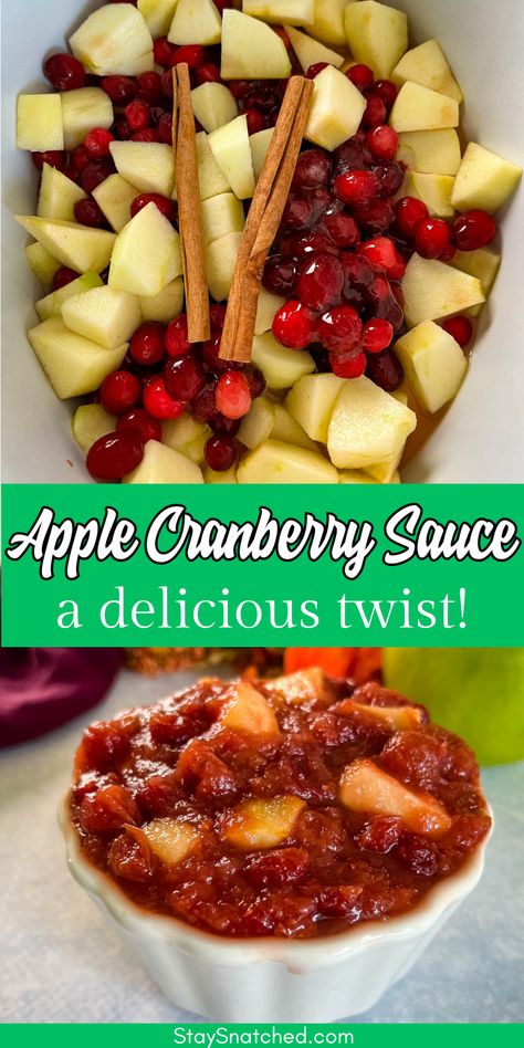 apples and cranberry sauce in a bowl with cinnamon Cranberry And Apple Sauce, Cranberry Sauce Recipe With Pineapple, Cranberry Sauce With Apples, Cranberry Recipes Easy, Apple Cranberry Sauce, Cranberry Recipes Thanksgiving, Cranberry Apple Sauce, Easy Cranberry Sauce, Cranberry Compote