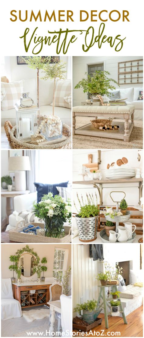 Summer Vignettes and Tiered Tray Ideas - Summer Dining Room Table by Home Stories A to Z #vignettes #summervignette #homestoriesatoz Summer Vignettes, Buffett Table, Tiered Tray Ideas, Tiered Tray Decor Ideas, Summer Decor Ideas, Tray Decor Ideas, Coffee Table Vignettes, Summertime Decor, Summer Dining