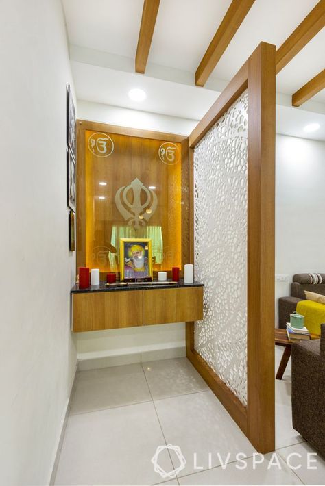 Puja Space In Living Room, 2bhk House Plan With Pooja Room, Mandir In Bedroom, Mandir Partition In Living Room, Entryway Interior Design, Pooja Room Designs, Entryway Interior, Mandir Ideas, Bi Fold Doors