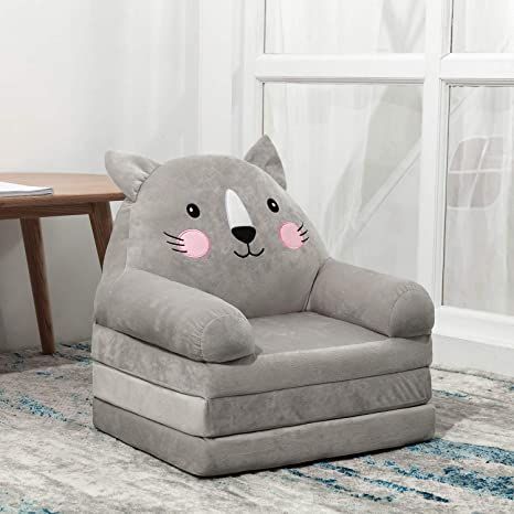 HIGOGOGO Cartoon Foldable Kids Sofa, Plush Cat Shape Children Couch Backrest Armchair Bed with Pocket, Upholstered 2 in 1 Flip Open Couch Seat for Infant Toddler Baby Boys Girls, Grey Baby Sofa, Couch Seats, Kids Couch, Armchair Bed, Folding Sofa Bed, Folding Sofa, Toddler Chair, Kids Sofa, Baby Seat