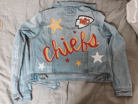 painted denim jean jacket kc chiefs Nfl Painted Jean Jacket, Kansas City Chiefs Jean Jacket, Custom Game Day Denim Jacket, Chiefs Jean Jacket Painted, Jean Jacket Painted Football, Football Denim Jacket, Chiefs Denim Jacket, Chiefs Jean Jacket, Painted Blue Jean Jacket