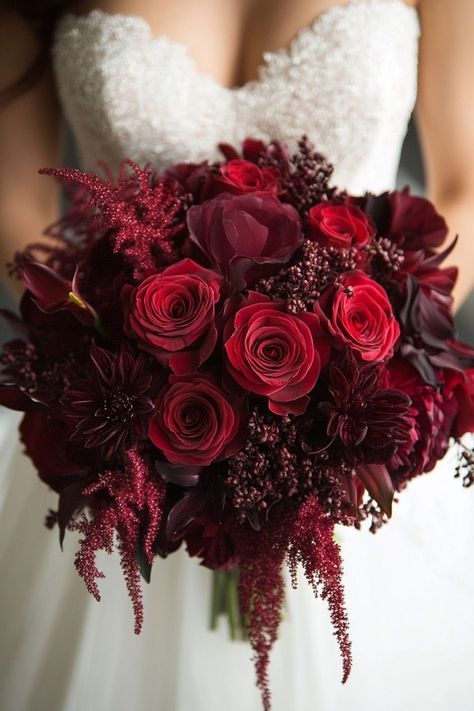 Deep Red Bridal Bouquet, Red Wedding Bouquet Ideas, Red Dahlia Bouquet, Wedding Bouquets Roses, Red Rose Wedding Theme, Rose Themed Wedding, Red Fall Wedding, Wine Wedding Flowers, Wedding Core