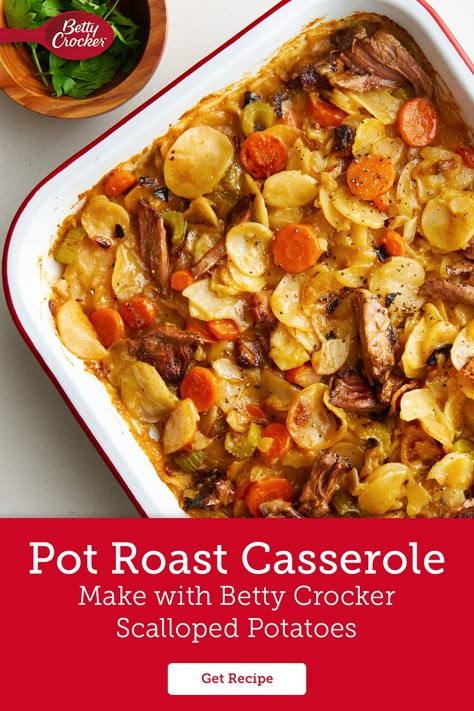 You can start Betty's beef and potato casserole recipe from scratch with beef pot roast, or use leftover roast beef. Want to get to delicious even faster? This comforting casserole recipe uses Betty Crocker scalloped potatoes. That's all there is to it! Get ready to enjoy an easy pot roast recipe filled with savory, hearty flavors and creamy potatoes. Pot Roast Casserole, Pot Roast Leftovers, Roast Beef Casserole, Roast Casserole, Betty Crocker Scalloped Potatoes, Leftover Beef Recipes, Beef And Potato Casserole, Leftover Roast Beef Recipes, Inexpensive Dinner Recipes