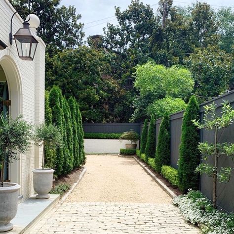 Bevolo Gas & Electric Lights on Instagram: “The road to home ✨ c/o @tmdlandscapedesigns . . . #mondaymotivation #tmdlandscapedesigns #motorcourt #topiary #japanesemaple #gaslantern…” Motor Court, Gravel Driveway, Pea Gravel, Gas Lanterns, Japanese Maple, Painted Brick, Farmhouse Decor Living Room, Gas And Electric, Tree Tops