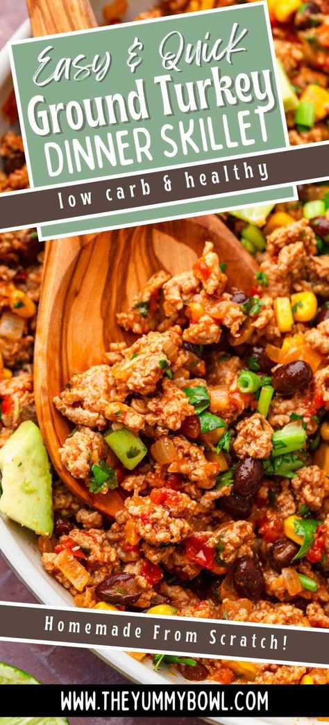 This Ground Turkey Taco Skillet is a quick, flavorful dinner with all the taco goodness you crave. Ready in just 15 minutes, it's perfect for busy weeknights! Packed with ground turkey, black beans, and loads of flavor, this skillet meal is perfect for meal prep. Ground Turkey Lunch Recipes, High Protein Ground Turkey Recipes, Ground Turkey Taco Skillet, Ground Turkey Healthy, Meal Prep Ground Turkey, Ground Turkey Black Beans, Turkey Taco Skillet, Ground Turkey Skillet, Turkey Skillet