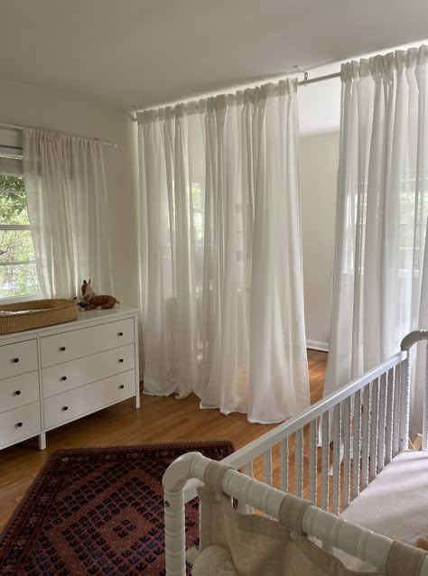 Shared Bedroom Curtain Divider, Room Divider Baby Nursery, Room Divider Shared Bedroom, Bedroom Curtain Divider Ideas, Nursery Room Divider, Curtain Rod Room Divider Ideas, Room Dividing Curtains, Curtain As Room Divider, Curtain Divider Bedroom