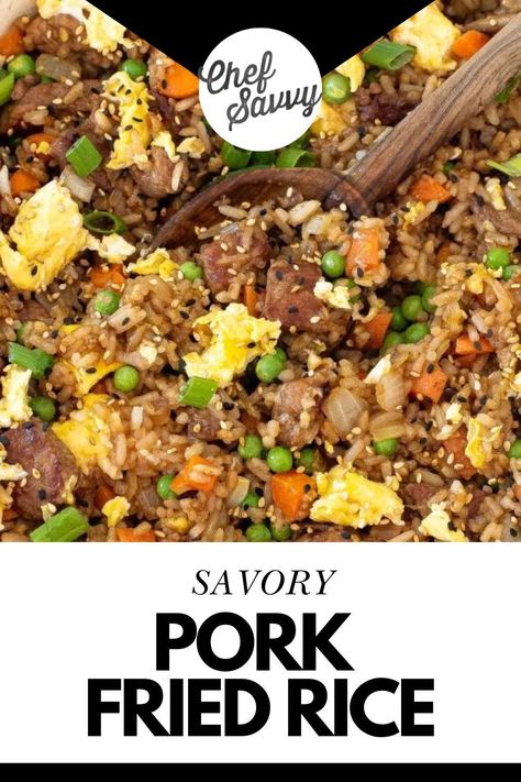 Save this recipe for The Best Easy Pork Fried Rice! This Pork Fried Rice is a savory, stir-fried rice recipe that is loaded with tender pork, fluffy rice, vegetables, and scrambled eggs, making it a balanced and satisfying meal! Skip the takeout and make this easy recipe at home! Follow Chef Savvy for more Copycat & Restaurant Inspired Recipes! Ground Pork Fried Rice, Pork Loin Fried Rice, Healthy Pork Fried Rice, Pork Tenderloin Fried Rice, Authentic Pork Fried Rice, Pork Egg Fried Rice, Easy Pork Fried Rice With Egg, Pork Fried Rice Easy, Pork Fried Rice With Leftover Pork