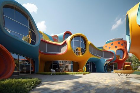 Kindergarten Building Architecture, Kindergarten Concept Architecture, Education Center Architecture, Elementary School Design Architecture, Kindergarten Architecture Concept, Future School Design, School Elevation Design, Kindergarten Exterior, Kindergarten Facade