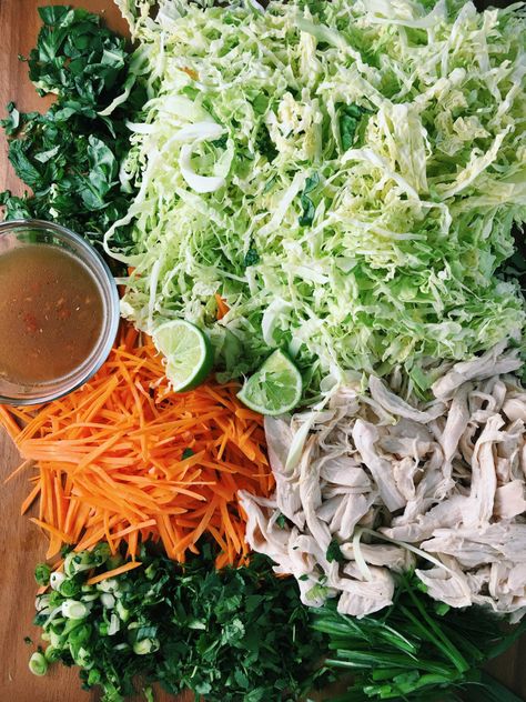 Thai chicken cabbage salad No Crumbs Left, Fresh Herb Salad, Vietnamese Chicken Salad, Chicken Carrots, Vietnamese Chicken, Salad With Chicken, Julienned Carrots, Chicken And Cabbage, Savoy Cabbage