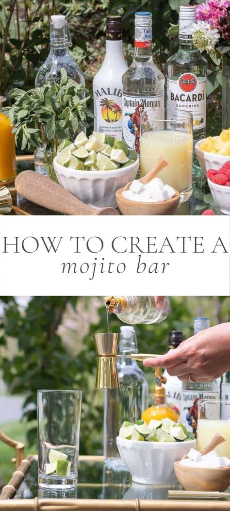 Mojito Station Drink Bar, Mojito Bar Wedding, Cocktail Station Bar Party Drinks, Diy Mojito Bar, Wedding Drink Bar Station, Mojito Bachelorette, Mojito Themed Party, Mojito Bar Ideas, Mojito Decoration