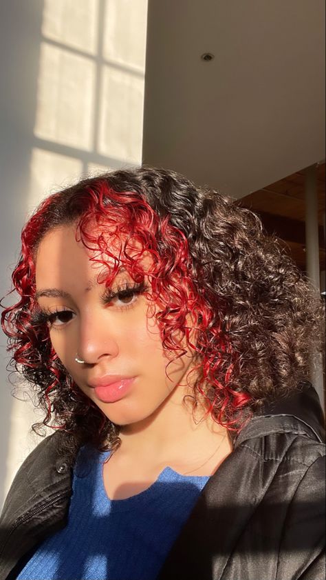 #curlyhairstyles #curlyhaircare #curls #shortcurlyhair #y2k Red Tips Hair Curly, Red Money Piece Curly Hair, Black Curly Hair With Red Streaks, Black And Red Curly Hair, Curly Dyed Hair Natural Curls Red, Short Curly Red Hair, Bright Red Curly Hair, Red Highlights In Brown Hair, Sleek Braided Ponytail