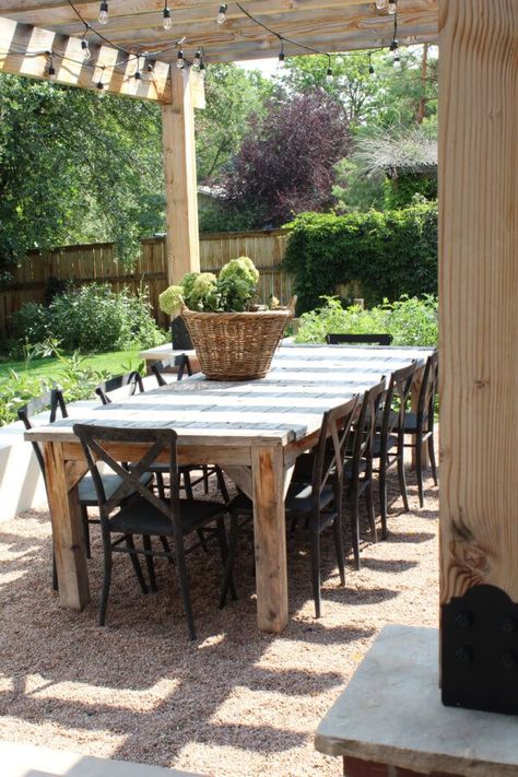 A view of our outdoor wooden dining table and black metal x back chairs. Outdoor Farmhouse Table, Wood Patio Table, Outdoor Amenities, Backyard Dining, Dream Backyard Garden, Wooden Garden Table, Roof Gardens, Garden Tables, Farmhouse Patio