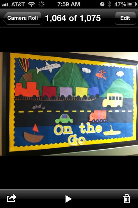 Bulletin board or door art for transportation unit :) Transportation Preschool Theme, Preschool Transportation Crafts, Transportation Preschool Activities, Transportation Theme Preschool, Transportation Unit, Preschool Boards, Transportation Activities, Transportation Crafts, Transportation Preschool