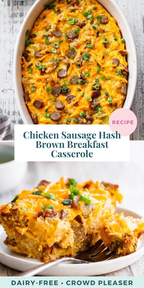 This chicken sausage hash brown breakfast casserole is a savory breakfast dream! It’s easy to throw together and great to prep ahead of time. Grain free and dairy free, family-approved and awesome as breakfast for dinner! Chicken Sausage Breakfast Casserole, Breakfast Casserole Dairy Free, Casserole Dairy Free, Sausage Hash Brown Breakfast Casserole, Df Meals, Dairy Free Breakfast Casserole, Hash Brown Breakfast Casserole, Sausage Hashbrown Breakfast Casserole, Hash Brown Breakfast