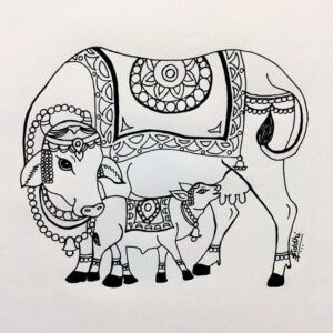 Cow With Calf Drawing, Cow Embroidery Design Blouse, Pichwai Paintings Cow And Calf, Krishna Cow Drawing, Cow Calf Indian, Pichwai Cow Sketch Printable, Cow Images Indian, Cow And Calf Drawing Easy, Vasu Baras Images