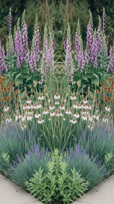 A photo of a double border flower bed with a mirror image design. The bed has a backdrop of tall plants like delphiniums and foxgloves. The mid-height fillers are salvias and coneflowers. The front border plants are lavender and catmint. The beds are surrounded by a pathway. The overall design is symmetrical and well-maintained. Salvia And Lavender, Delphinium Landscaping, Lavender In Flower Bed, Flower Garden Bed Ideas, Flower Bed Border Ideas, Raised Bed Flower Garden, Flower Garden Bed, Small Flower Garden, Flower Bed Borders