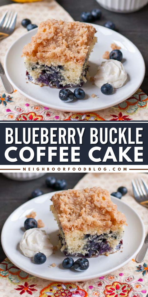 This Blueberry Buckle Coffee Cake is a delicious summer dessert speckled with lemon zest, blueberries, and cinnamon sugar crumble. This coffee cake recipe is a great addition to your Springs treats to make for the family! Blueberry Recipes Crockpot, Blueberry Buckle Coffee Cake, Lemon Blueberry Coffee Cake, Easy Blueberry Crumble, Blueberry Crumble Cake, Crumble Cake Recipe, Blueberry Coffee Cake Recipe, Crumble Cheesecake, Blueberry Buckle