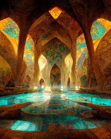 Islamic Iranian architecture inspired concept by AI Iranian Architecture, Persian Architecture, Fantasy House, Fantasy City, Fantasy Places, Arte Fantasy, Islamic Architecture, Concept Architecture, Beautiful Architecture