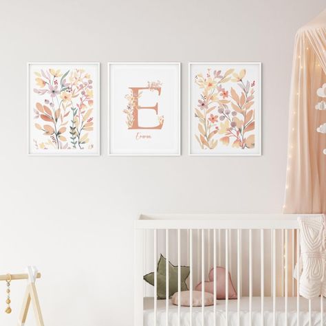 Nursery Watercolor Paintings, Watercolor Nursery Girl, Art Above Crib, Girl Nursery Wall Art, Wildflower Watercolor, Name Paintings, Name Decor, Boho Flower Girl