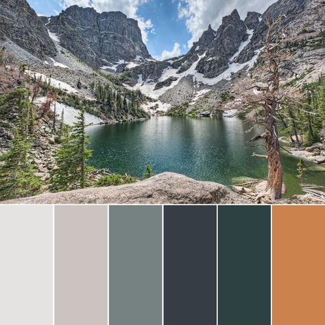 Colors inspired by Rocky Mountain National Park Tahoe Color Palette, Nature Inspired Paint Color Schemes, Mountain Wedding Colors Palette, Mountain Home Interior Color Palettes, Mountain Wedding Color Pallet, Mountain Range Color Palette, Mountain Modern Color Palette, National Parks Bedroom Theme, Alpine Color Palette