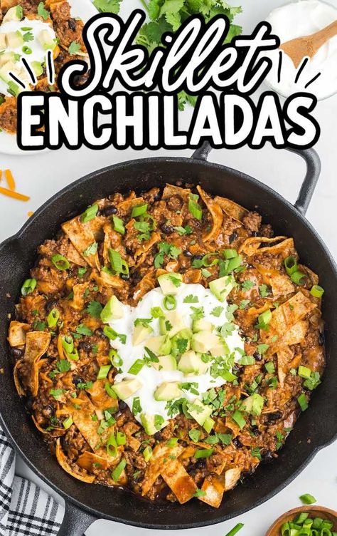 Beef Enchilada Skillet Recipe, Skillet Enchiladas, Chicken Enchilada Skillet, Ground Beef Enchiladas, Enchilada Ingredients, Tortilla Strips, Easy Enchiladas, Bean Enchiladas, Healthy Eating Diets