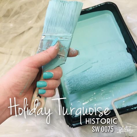 Holiday Turquoise Sherwin Williams, Turquoise Paint Colors, Turquoise Paint, Blue Paint Color, Historic Colours, Bathroom Paint, Turquoise Painting, Turquoise Glitter, Blue Paint Colors