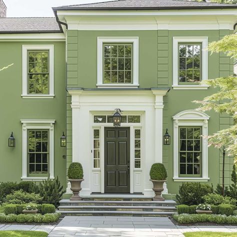 Pistachio Green and Dove White Exterior Paint Design for Fresh Looks • 333+ Images • [ArtFacade] Green Bungalow Exterior, Exterior Paint Design, Green Home Exterior, Green Exterior House, House Paints, Green Exterior House Colors, Green House Exterior, White Exterior Paint, Classic Facade