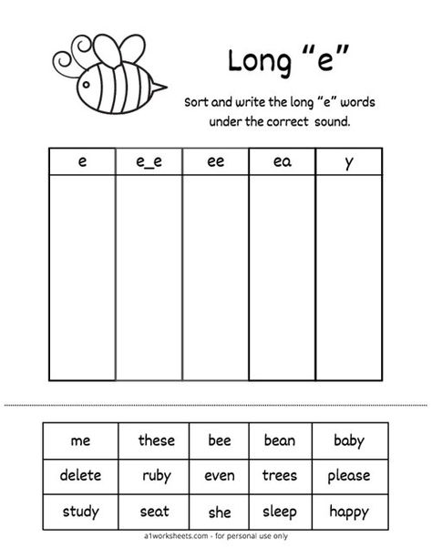 Long "E" Vowel Word Sort Worksheets Long E Phonics Worksheets, Long E Worksheets First Grade, Long E Sound Worksheets, Long E Activities First Grade, A_e Worksheets Long Vowels, Long E Activities, Long Vowel Worksheets Kindergarten, Blending Words Worksheets, Long Vowel E Worksheets