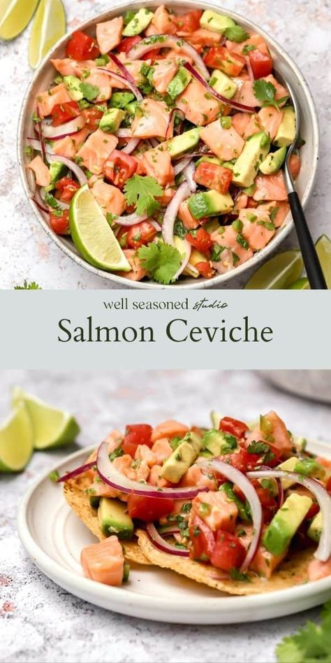 Salmon Seviche Recipes, Salmon Ceviche Recipe Lime Juice, Salmon Tostadas Recipe, Salmon Civeche, Ceviche Recipe Salmon, Salmon Ceviche Recipe, Seviche Recipes, Homemade Tostadas, Poke Recipes