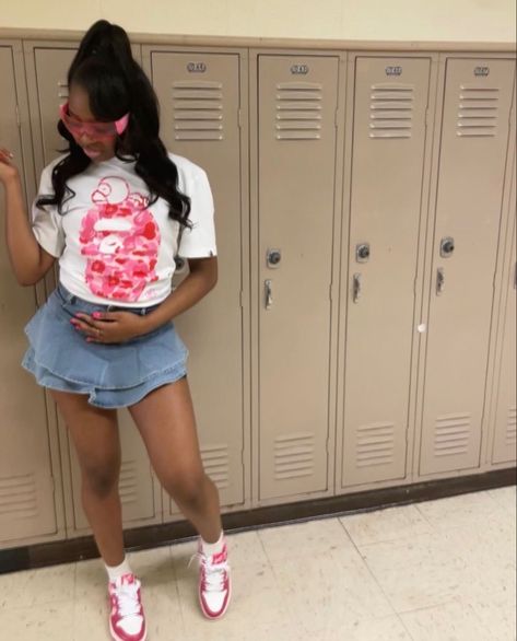 Cute Jean Skirt Outfits Black Women, Pink Birthday Outfit School, Pink Bape Shirt Outfit, Black Mini Skirt Outfit Baddie, Pink Bape Shoes Outfit, Pink Bape Outfit, Skirt With Dunks Outfit, Pink Shoes Outfit Black Women, Bape Sneakers Outfit