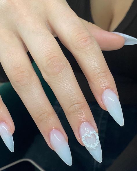 Milky White Nails Charms, Milky White Valentines Day Nails, Milky White Almond Nails With Design, Milky White Valentines Nails, White Nails Charms, Milky White Nails With Design Almond, Milky White Sparkly Nails, Milky White Nails With Heart, White Milky Nails Design