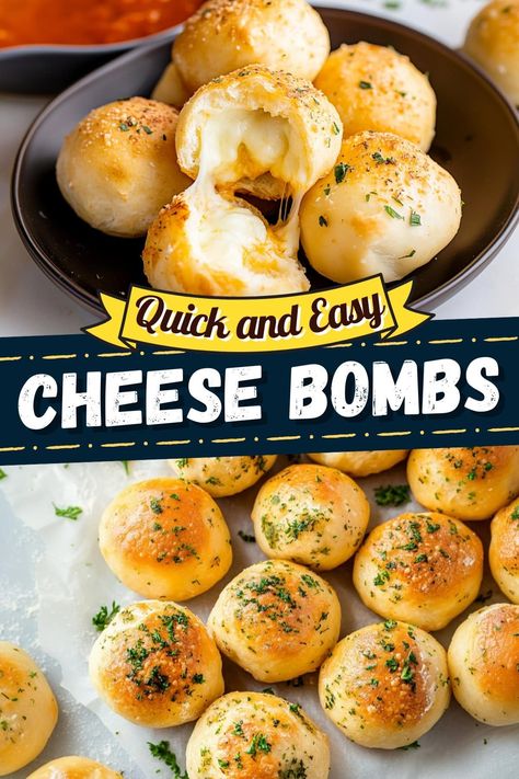 Soft and fluffy with plenty of garlic butter, these quick and easy cheese bombs are guaranteed to please at your next party or potluck! Quick Easy Dishes For A Party, Recipes For Potlucks, Garlic Cheese Bombshell, Baked Cheese Snacks, Instapot Appetizer, Cheesy Snacks Easy, Cheese Bombshell, Quick And Easy Potluck Ideas, Quick Party Snacks