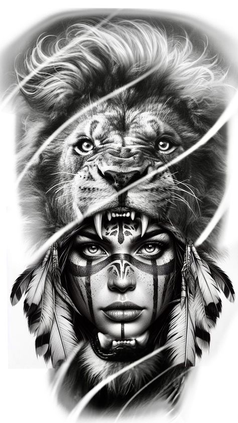 Lion Women Tattoo, Tattoo Indien, Lion Face Tattoo, Indian Women Tattoo, India Tattoo, Headdress Tattoo, Lion Art Tattoo, Animals Tattoos, Animal Sleeve Tattoo