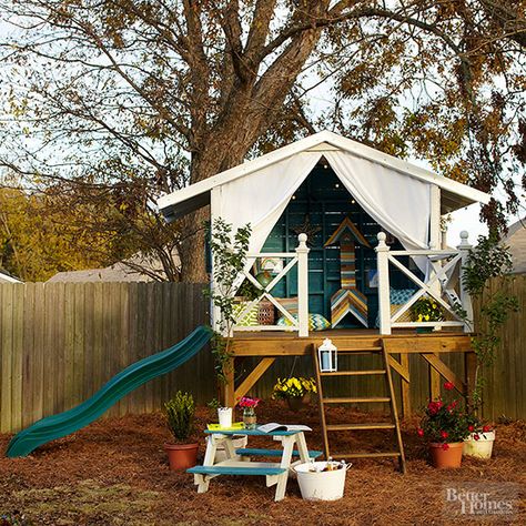 Playground Ideas For Kids, Backyard Playground Ideas, Kids Shed, Shed Playhouse, Outside Playhouse, Backyard Fort, Garden Playhouse, Playhouse Plans, Backyard Playhouse