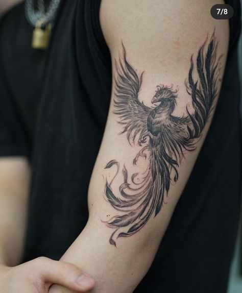 Phoenix Tattoo Men Bicep, Burning Phoenix Tattoo, Tattoos That Represent Change And Growth, Phoenix Tattoo Harry Potter, Chinese Shoulder Tattoo, Phoenix Bird Tattoos Men, Phoenix Tattoo Men Arm, Phoenix Shoulder Tattoo, Phoenix Forearm Tattoo