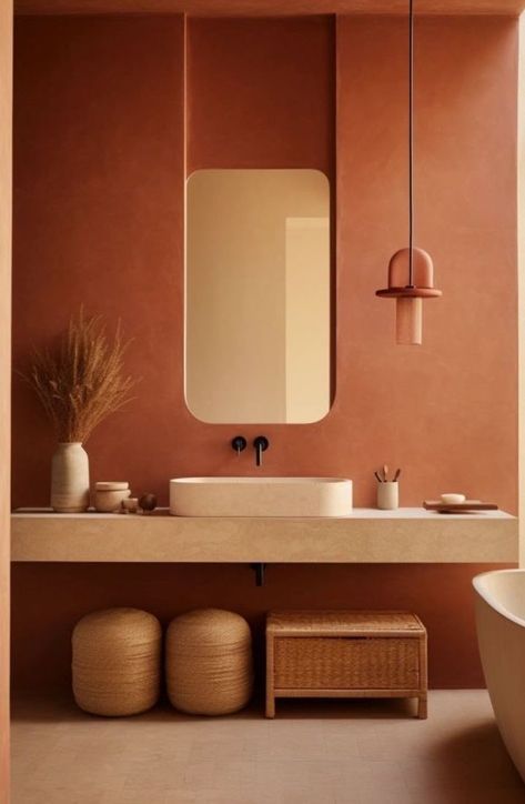 Bathroom Terracotta Walls, Terracotta Design Interiors, Small Bathroom Aesthetic Ideas, Terracotta Bathrooms, Terracotta Interiors, Bathroom Terracotta Floor, Terracotta Bathroom Walls, Terracotta Inspiration, Terracotta Bathroom Tiles