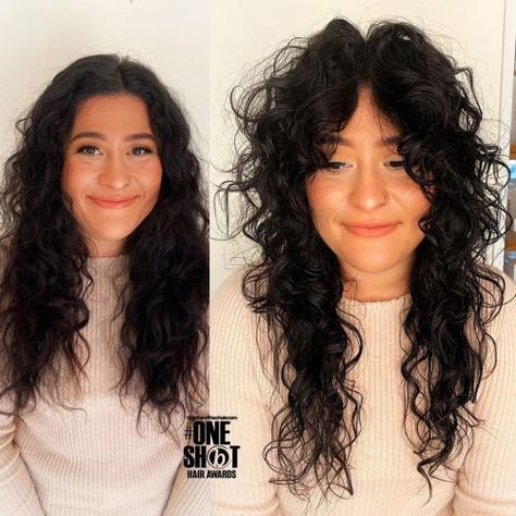 Long Curly Hair with Soft Curtain Bangs Curtain Bangs Ideas, Shaggy Curly Hair, 70s Haircuts, Soft Curtain Bangs, Curly Shag Haircut, Long Curly Haircuts, Bangs Ideas, Natural Curly Hair Cuts, Long Shag Haircut