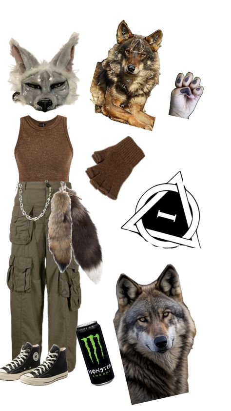 For the therians who can’t think of outfit ideas Goblincore Outfits, Wolf Therian, Mint Outfit, Crafts To Do When Your Bored, Masc Outfits, Animal Tails, Wolf Spirit Animal, Cat Mask, Animal Masks