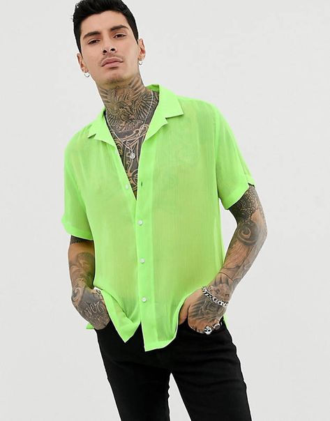 ASOS DESIGN oversized revere collar shirt in neon green Mens Outfits Suits, Mens Outfits Summer Stylish Men, Neon Outfits Party, Mens Outfits Summer, Neon Party Outfits, Neon Green Outfits, Coachella Outfit Men, Mens Outfits Streetwear, Lime Green Shirts